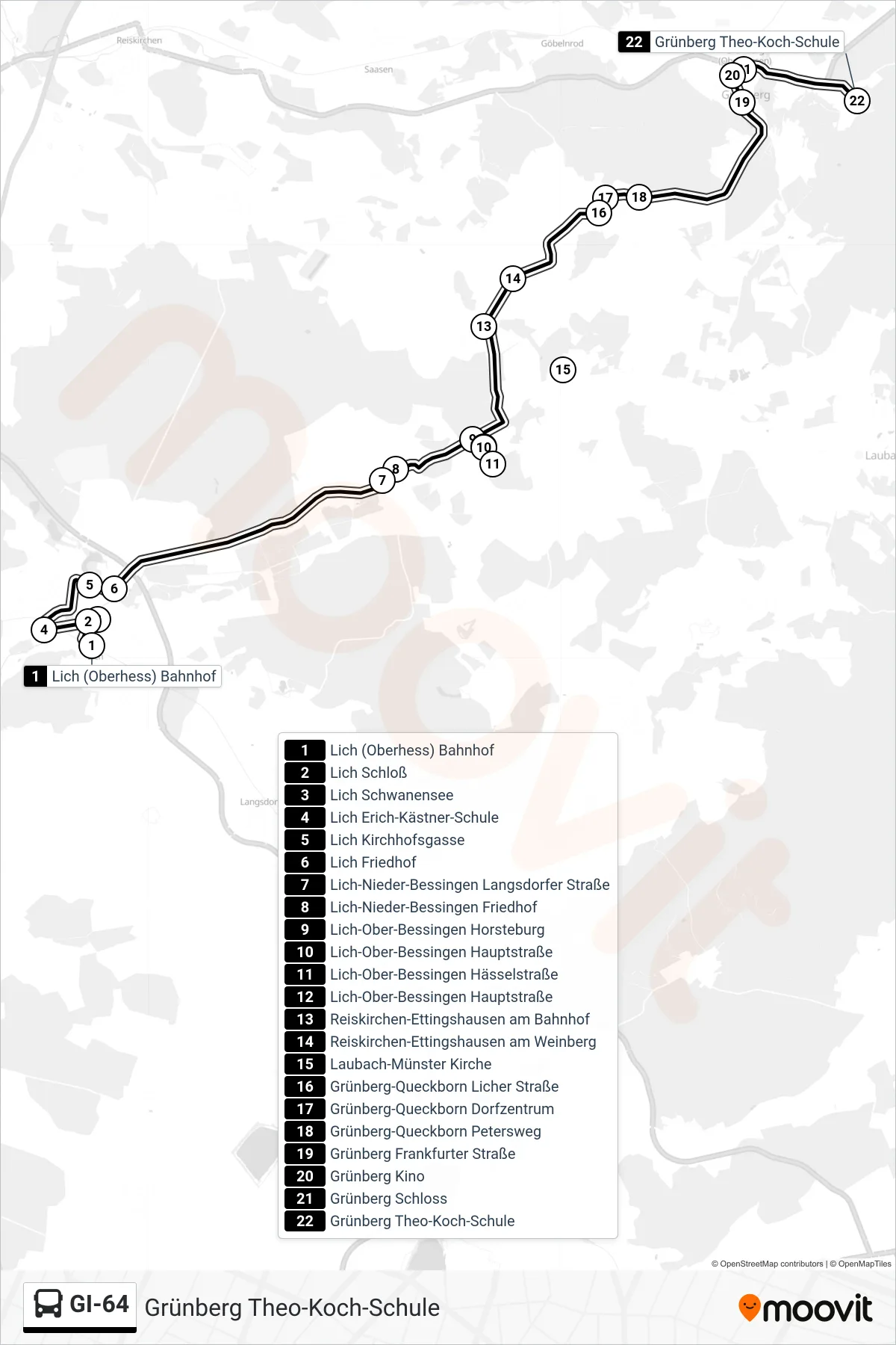 GI-64 bus Line (Grünberg Theo-Koch-Schule) route and stops on a map