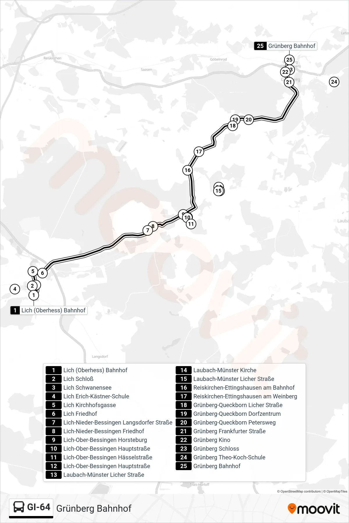 GI-64 bus Line (Grünberg Bahnhof) route and stops on a map