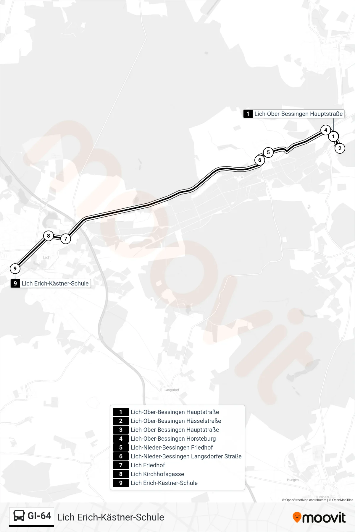 GI-64 bus Line (Lich Erich-Kästner-Schule) route and stops on a map