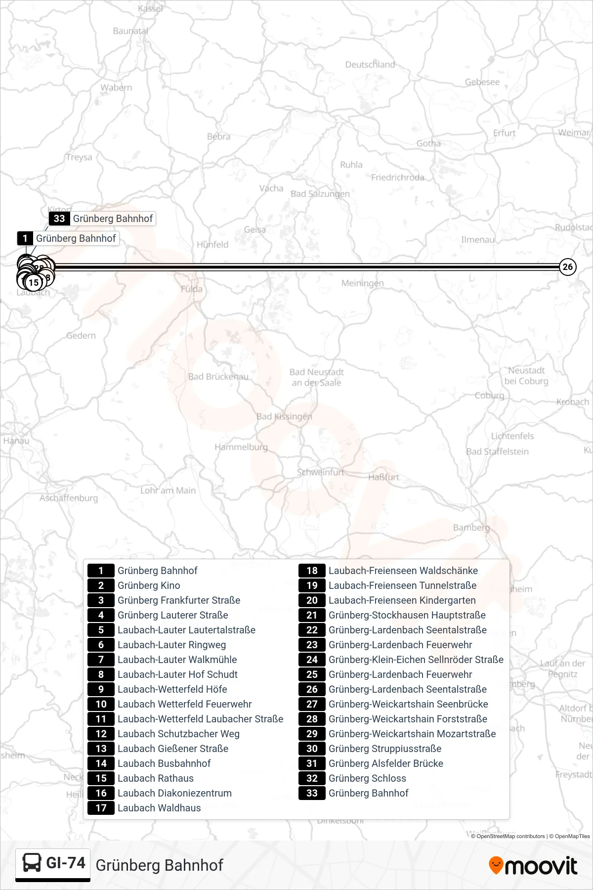 GI-74 bus Line (Grünberg Bahnhof) route and stops on a map