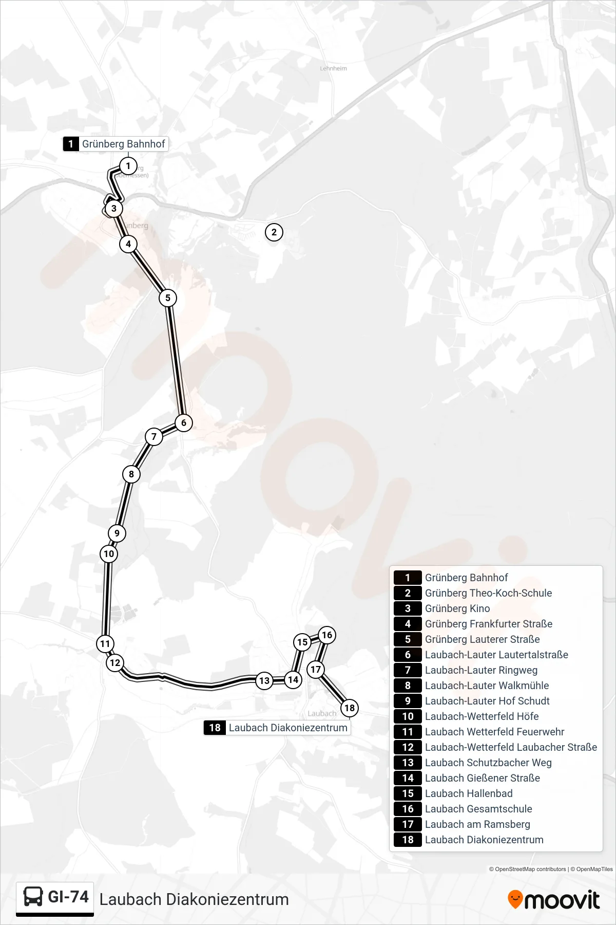 Linie GI-74 (Bus) Richtung Laubach Diakoniezentrum: Route und Haltestellen auf der Karte