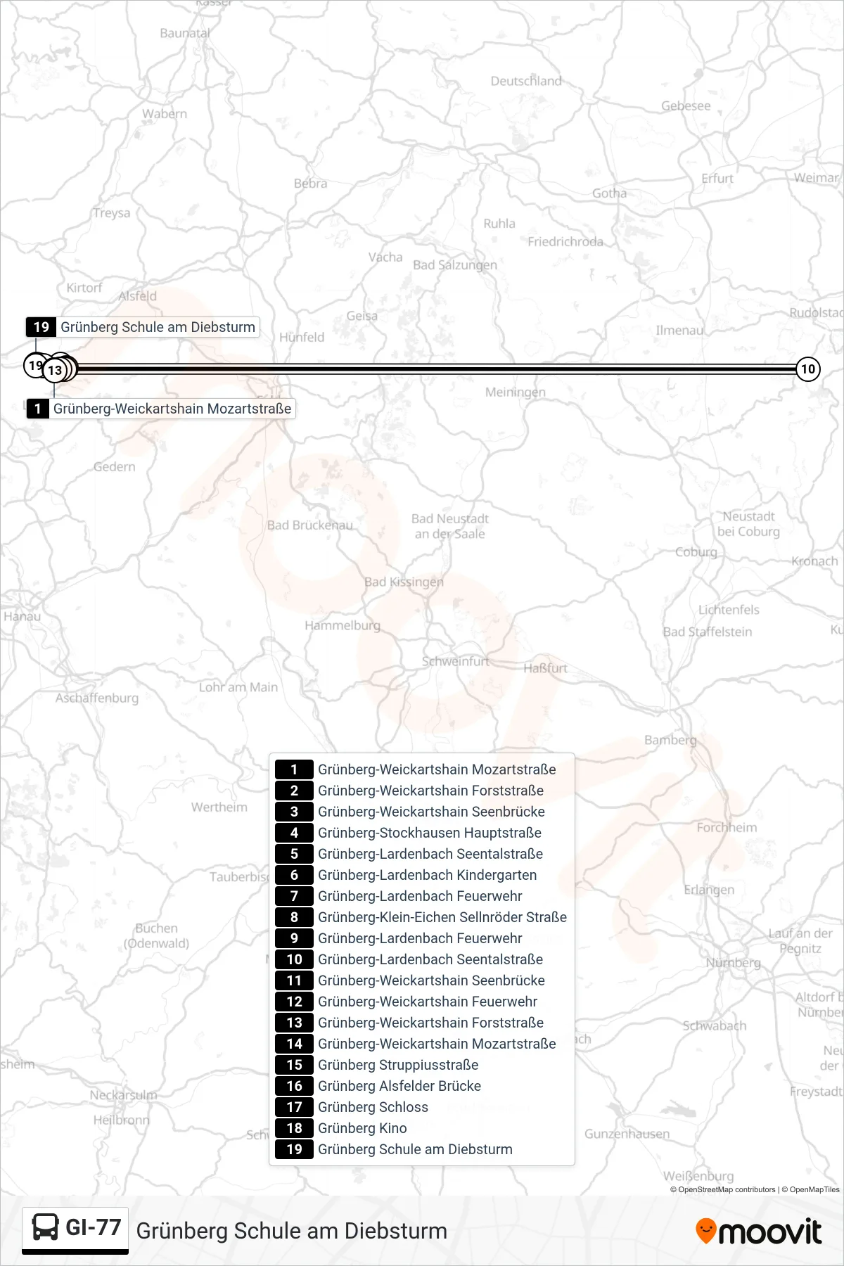 GI-77 bus Line (Grünberg Schule am Diebsturm) route and stops on a map