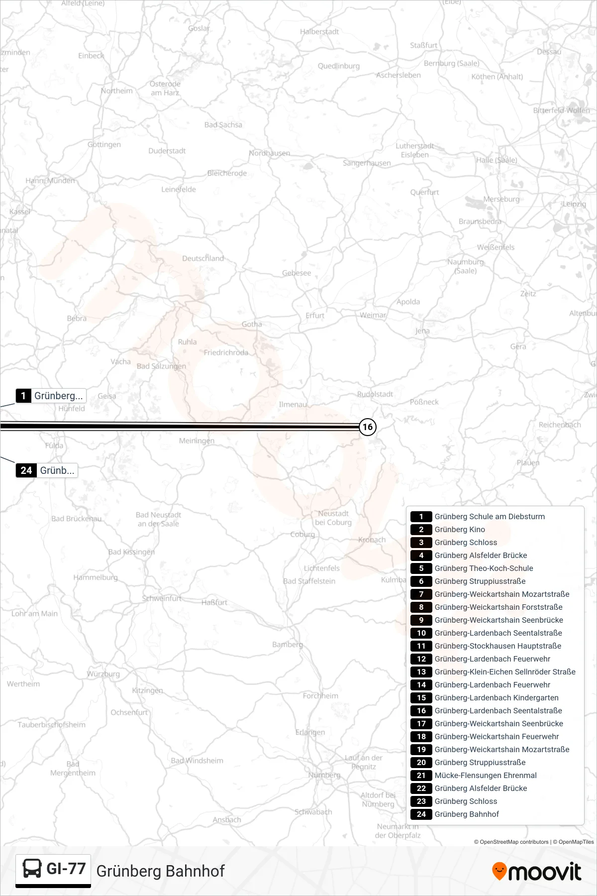 GI-77 bus Line (Grünberg Bahnhof) route and stops on a map