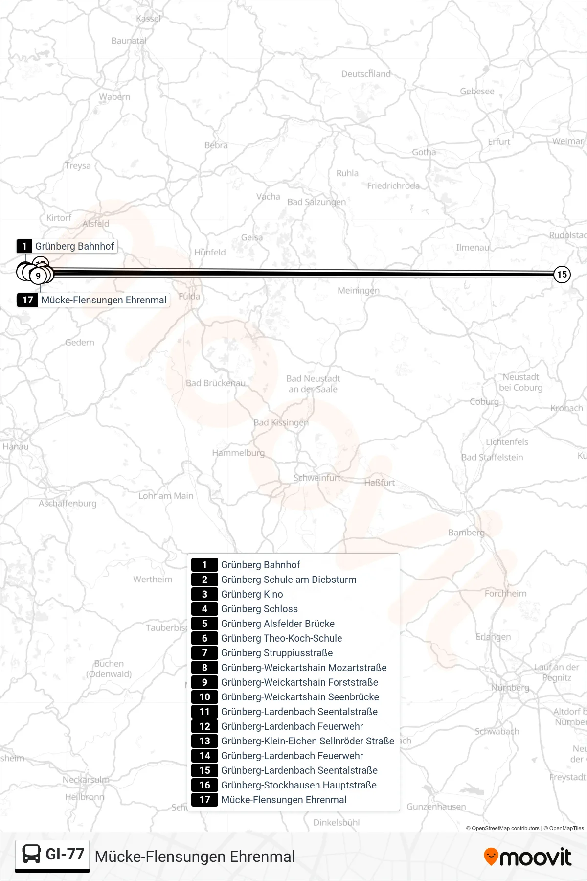 GI-77 bus Line (Mücke-Flensungen Ehrenmal) route and stops on a map
