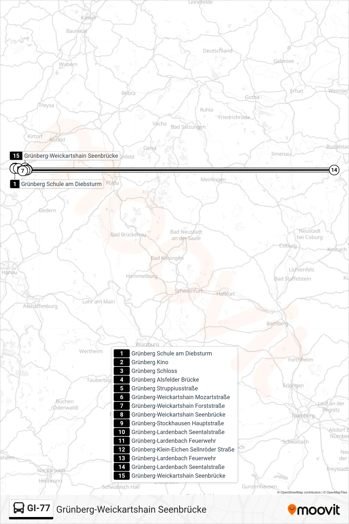 GI-77 bus Line (Grünberg-Weickartshain Seenbrücke) route and stops on a map