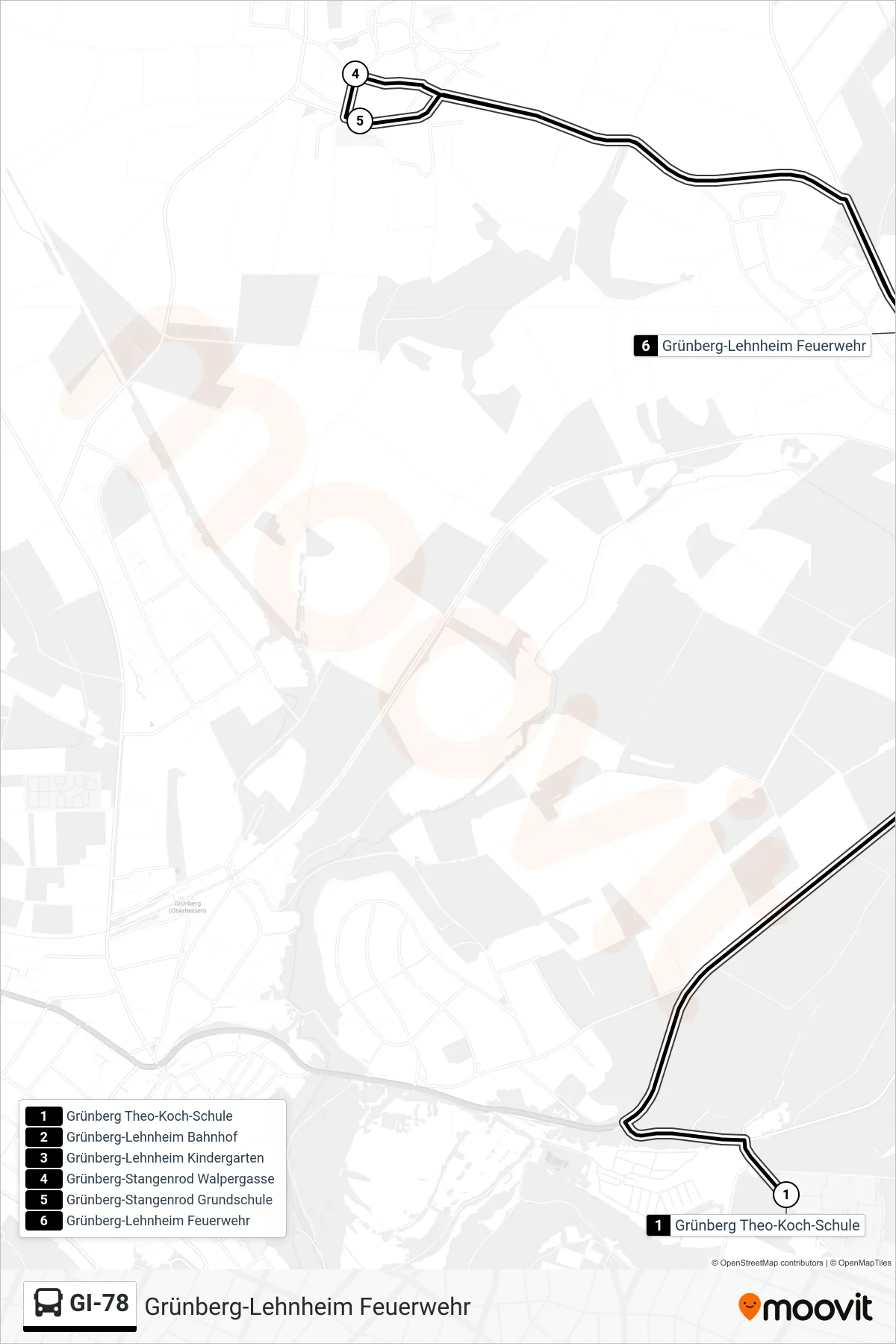 GI-78 bus Line (Grünberg-Lehnheim Feuerwehr) route and stops on a map