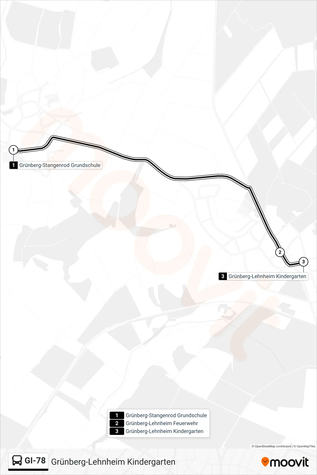 GI-78 bus Line (Grünberg-Lehnheim Kindergarten) route and stops on a map