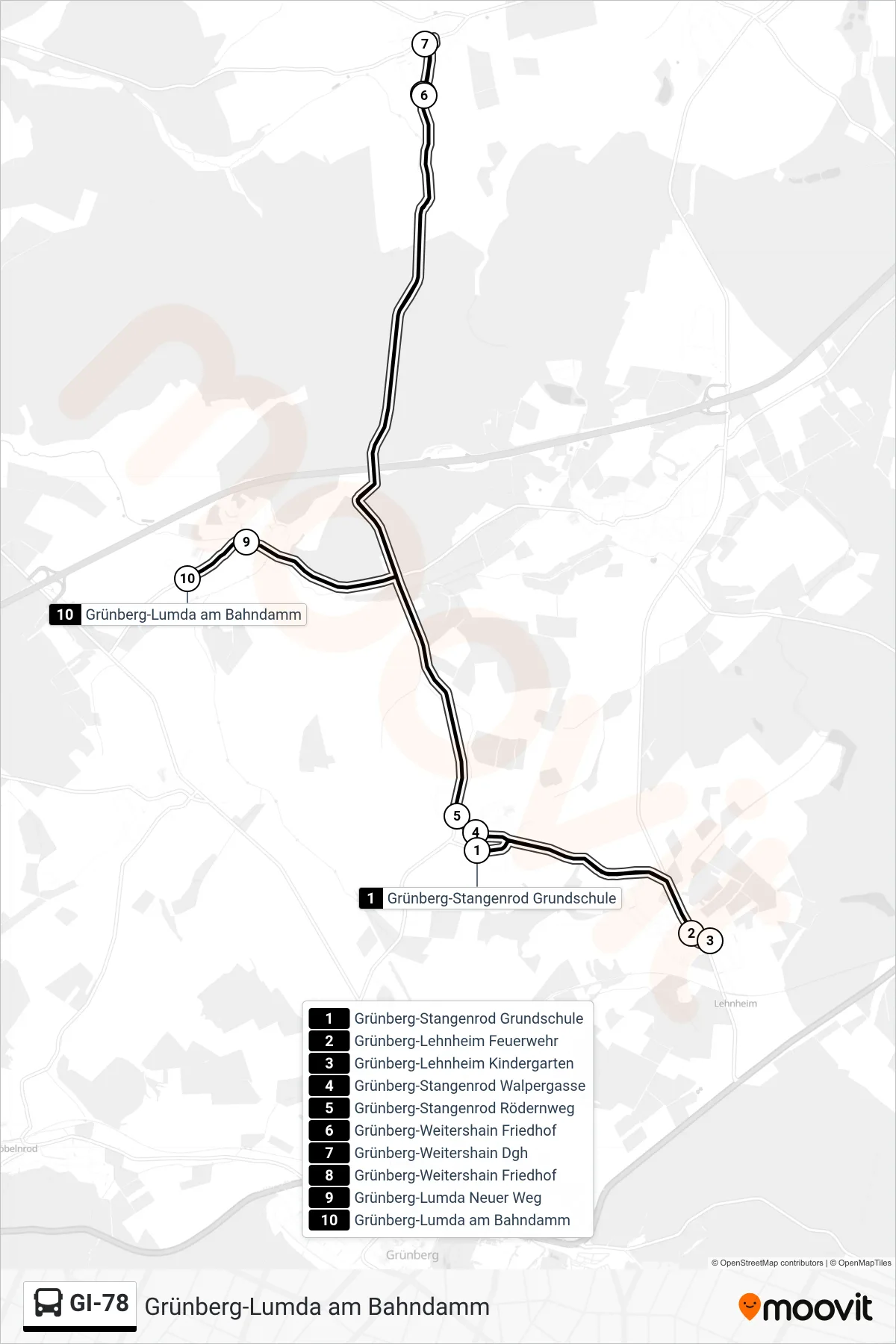 GI-78 bus Line (Grünberg-Lumda am Bahndamm) route and stops on a map