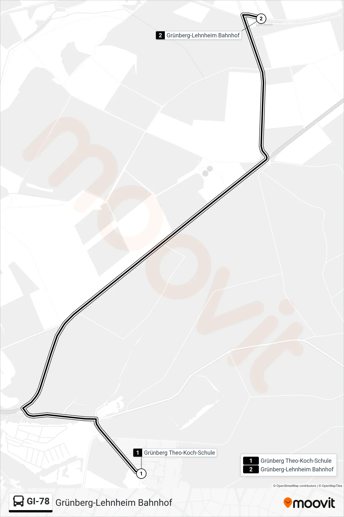 GI-78 bus Line (Grünberg-Lehnheim Bahnhof) route and stops on a map