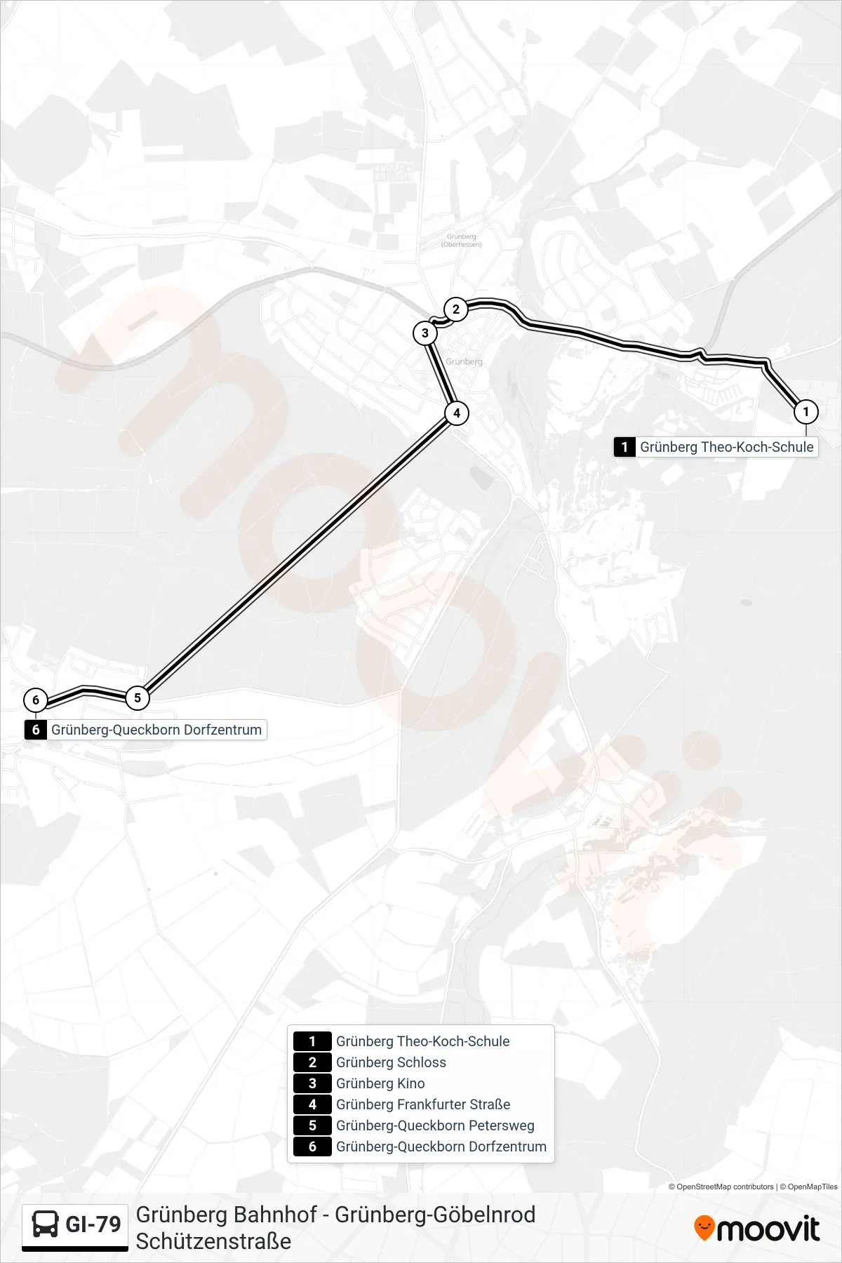 GI-79 bus Line (Grünberg-Queckborn Dorfzentrum) route and stops on a map
