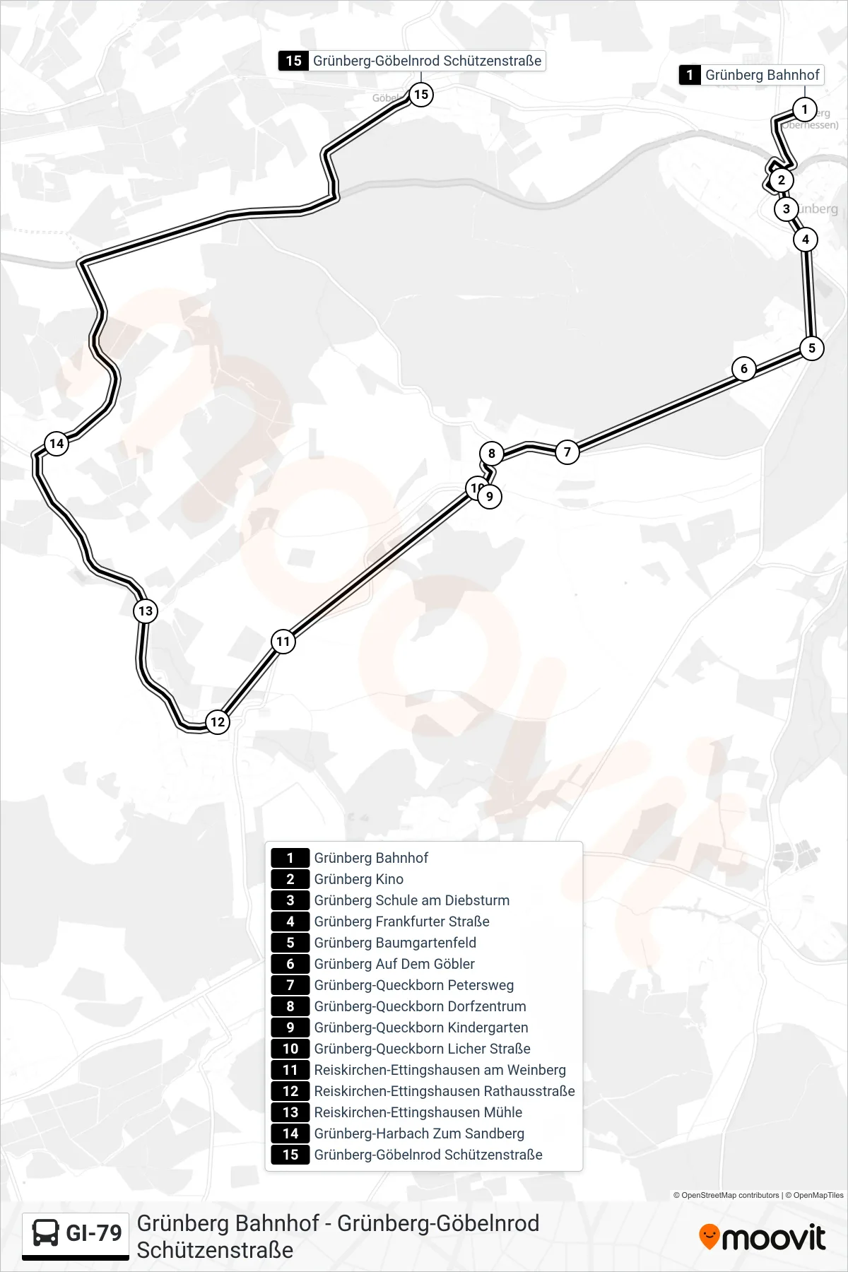 GI-79 bus Line (Grünberg-Göbelnrod Schützenstraße) route and stops on a map