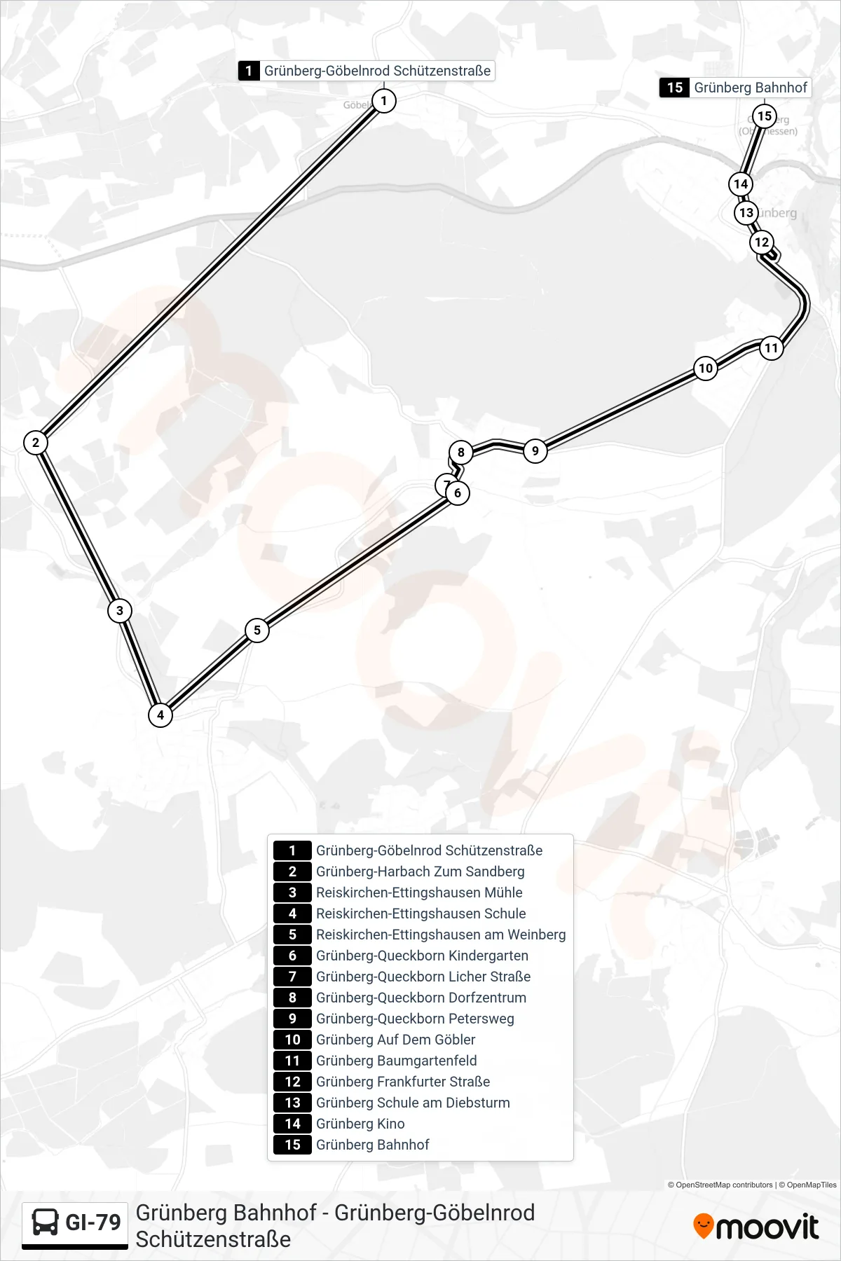 GI-79 bus Line (Grünberg Bahnhof) route and stops on a map
