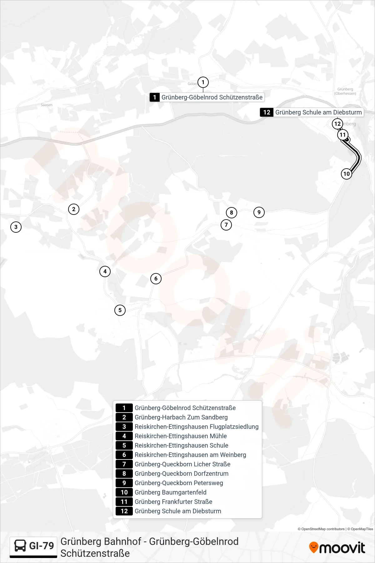 GI-79 bus Line (Grünberg Schule am Diebsturm) route and stops on a map