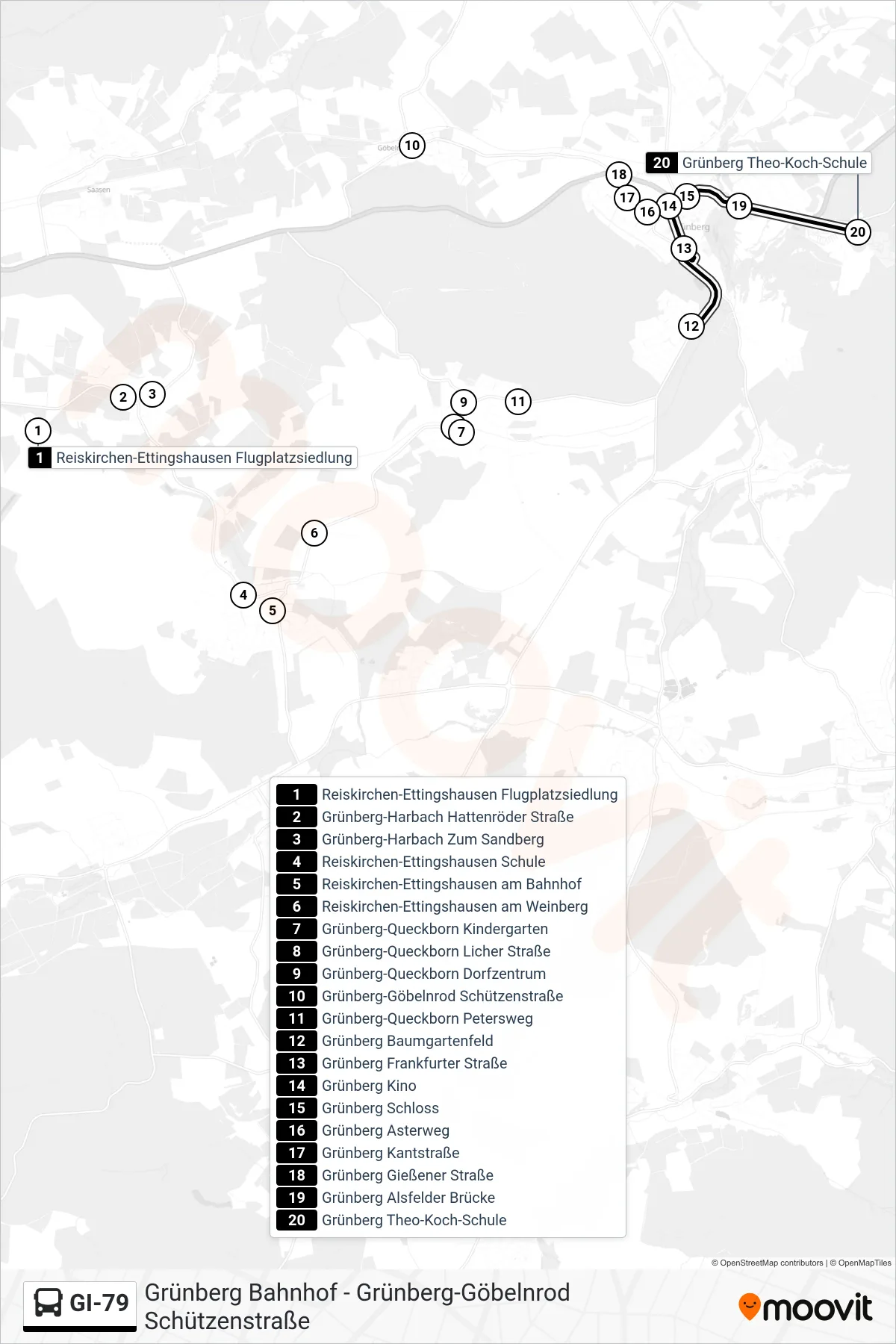 GI-79 bus Line (Grünberg Theo-Koch-Schule) route and stops on a map