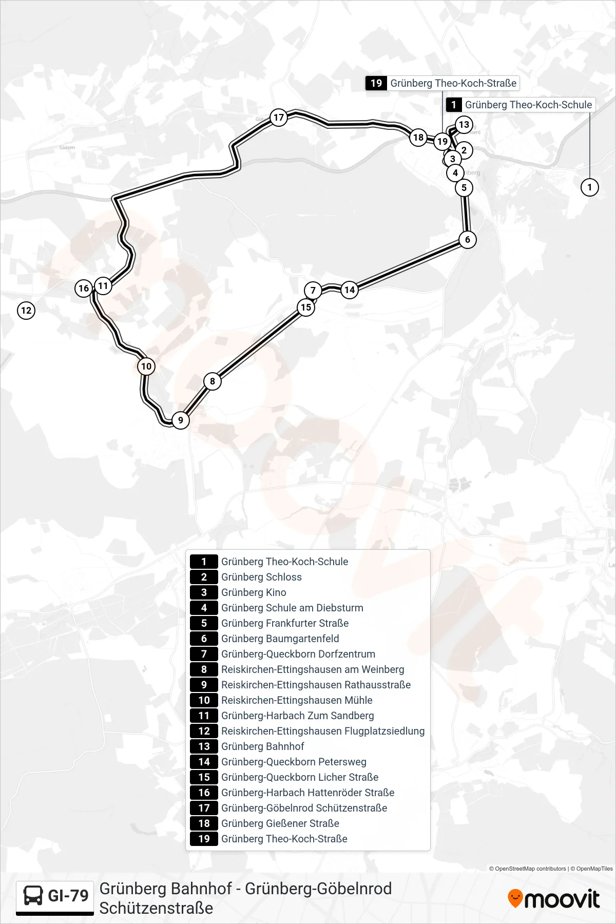 GI-79 bus Line (Grünberg Bahnhof) route and stops on a map