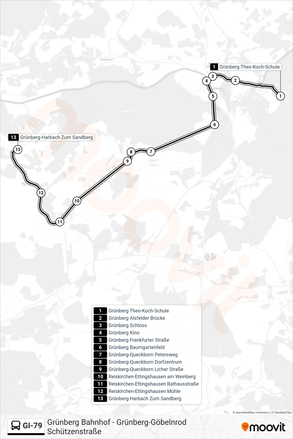 GI-79 bus Line (Grünberg-Harbach Zum Sandberg) route and stops on a map