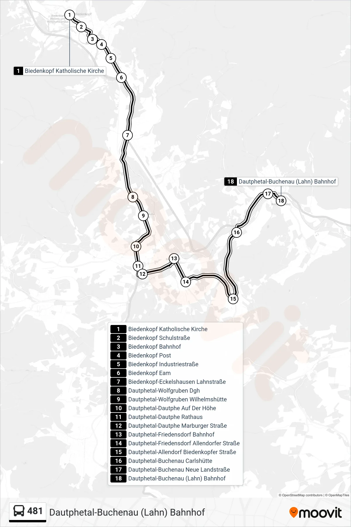 481 bus Line (Dautphetal-Buchenau (Lahn) Bahnhof) route and stops on a map