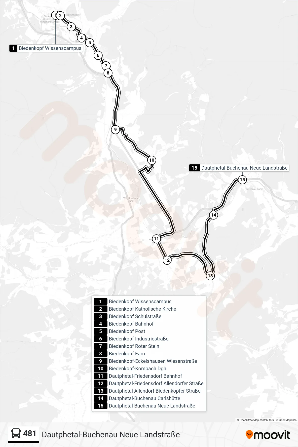 481 bus Line (Dautphetal-Buchenau Neue Landstraße) route and stops on a map