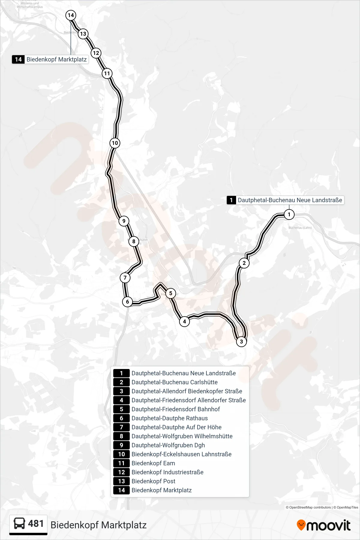 481 bus Line (Biedenkopf Marktplatz) route and stops on a map