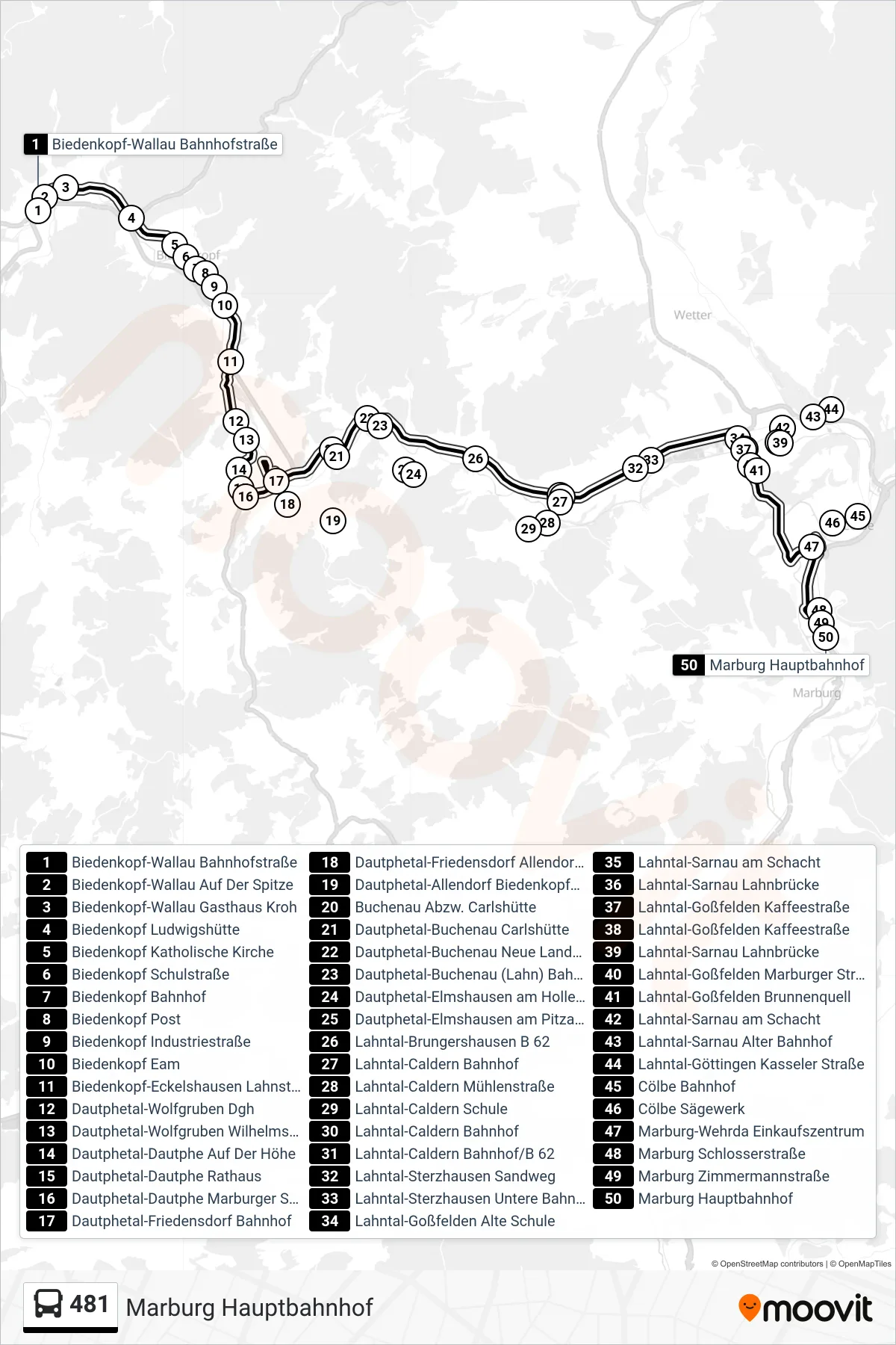 481 bus Line (Marburg Hauptbahnhof) route and stops on a map