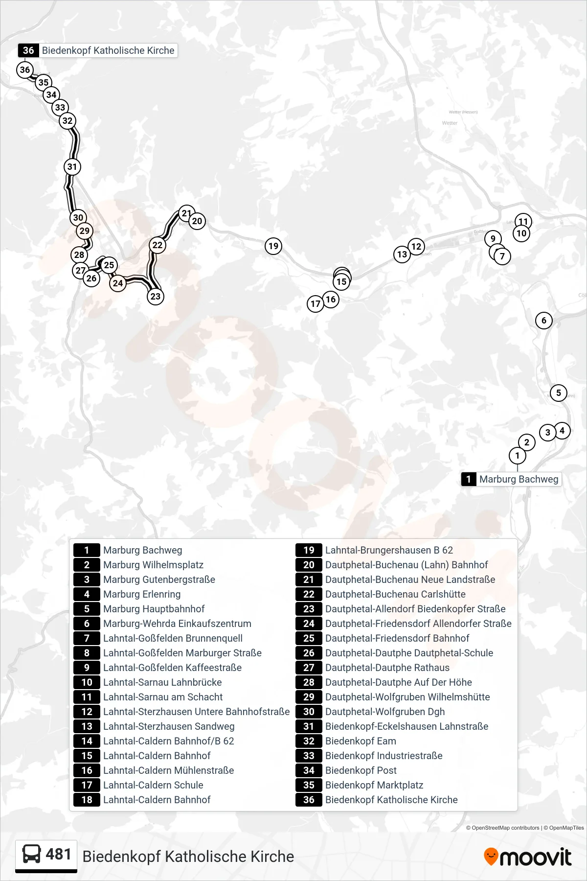 481 bus Line (Biedenkopf Katholische Kirche) route and stops on a map