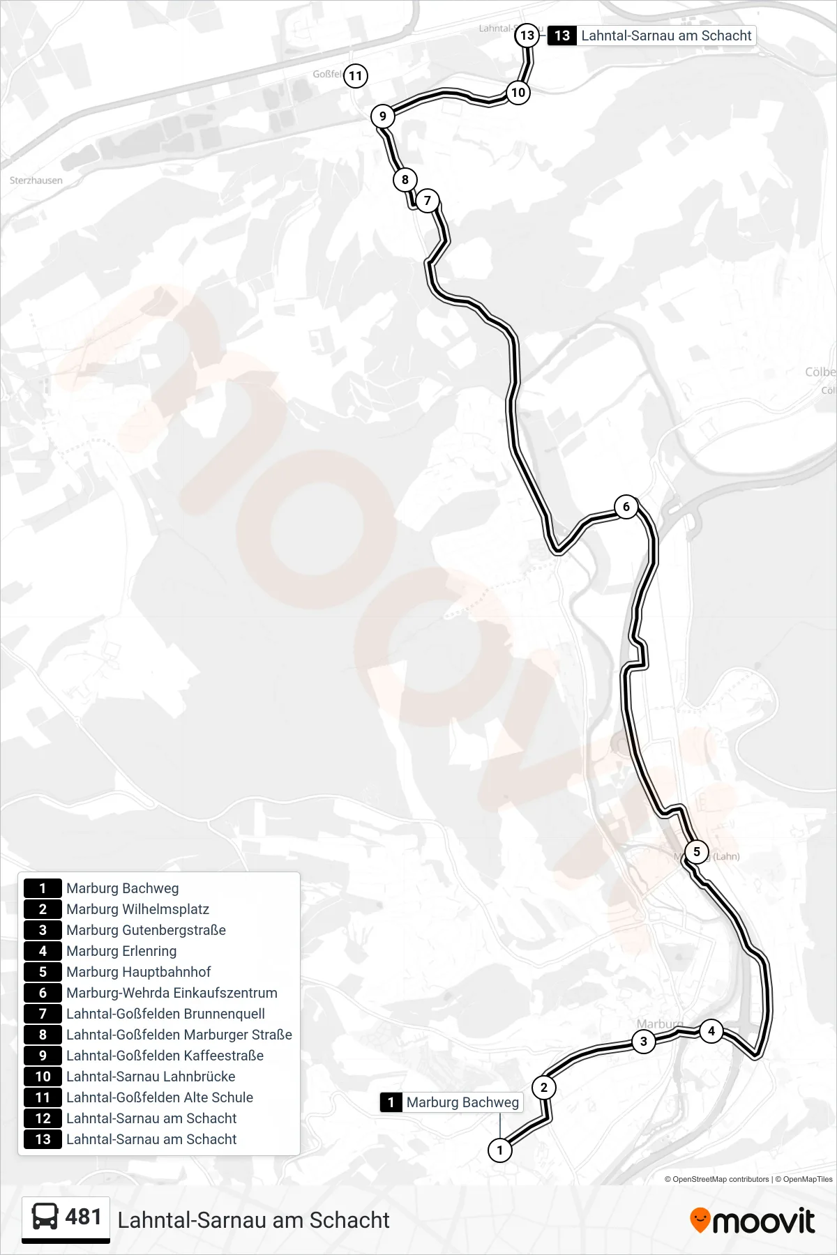 481 bus Line (Lahntal-Sarnau am Schacht) route and stops on a map