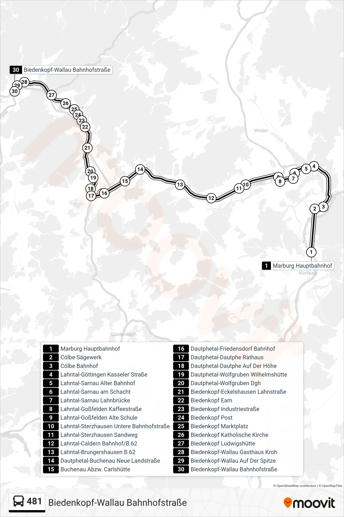 481 bus Line (Biedenkopf-Wallau Bahnhofstraße) route and stops on a map