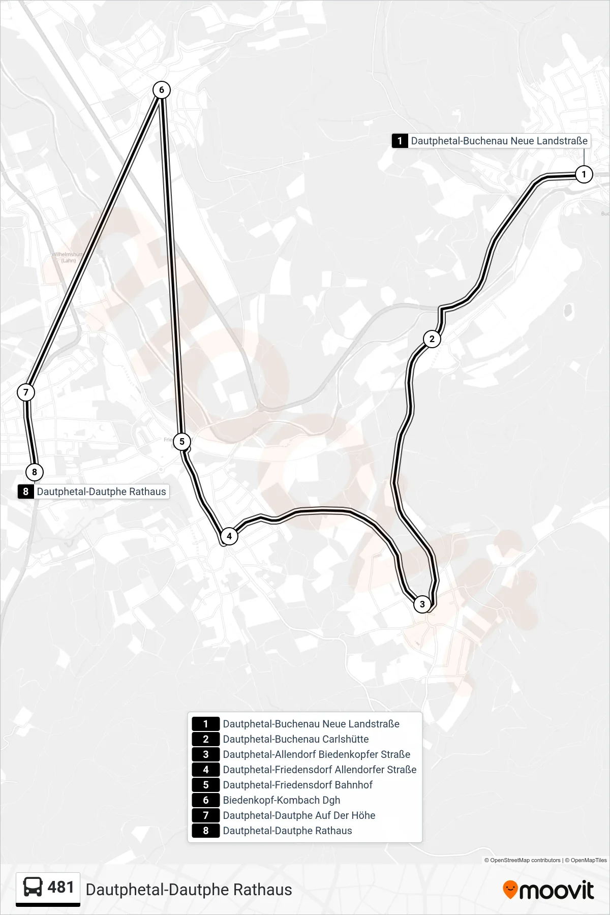 481 bus Line (Dautphetal-Dautphe Rathaus) route and stops on a map