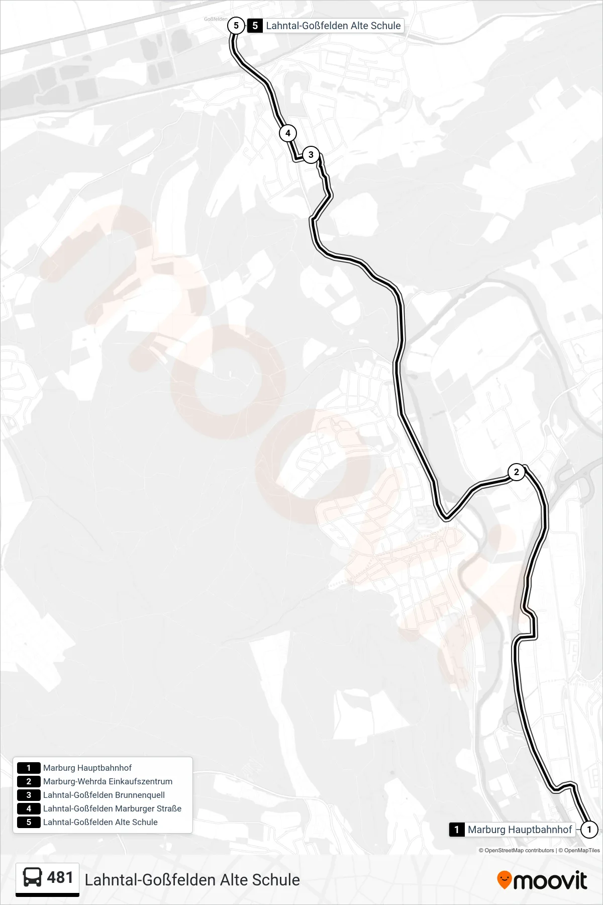 481 bus Line (Lahntal-Goßfelden Alte Schule) route and stops on a map