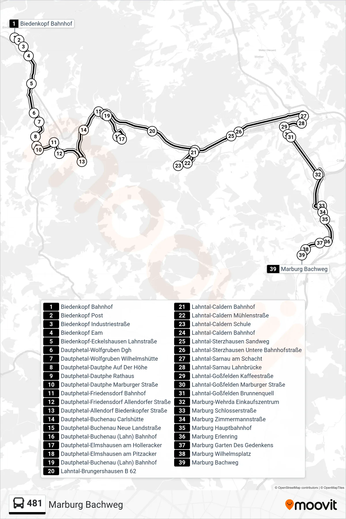 481 bus Line (Marburg Bachweg) route and stops on a map