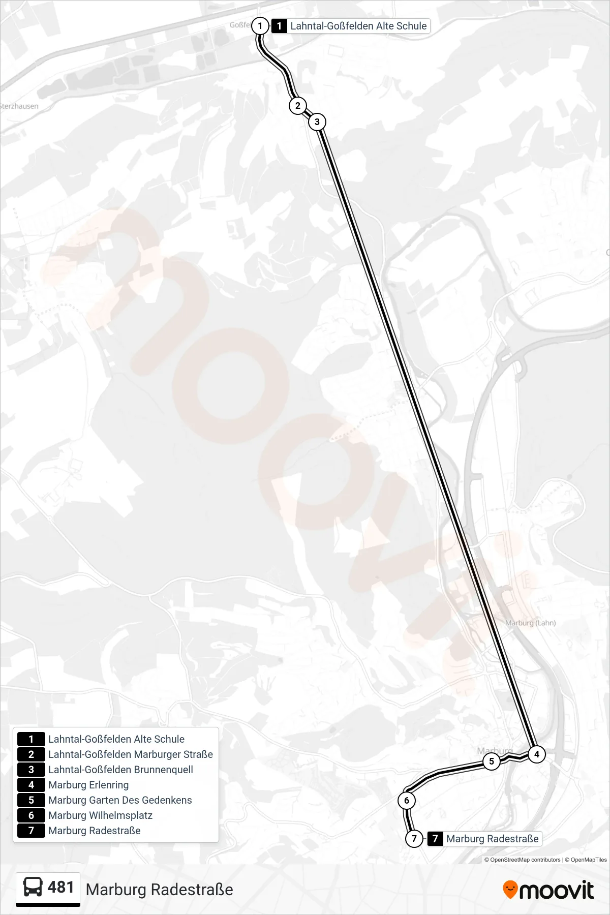 481 bus Line (Marburg Radestraße) route and stops on a map