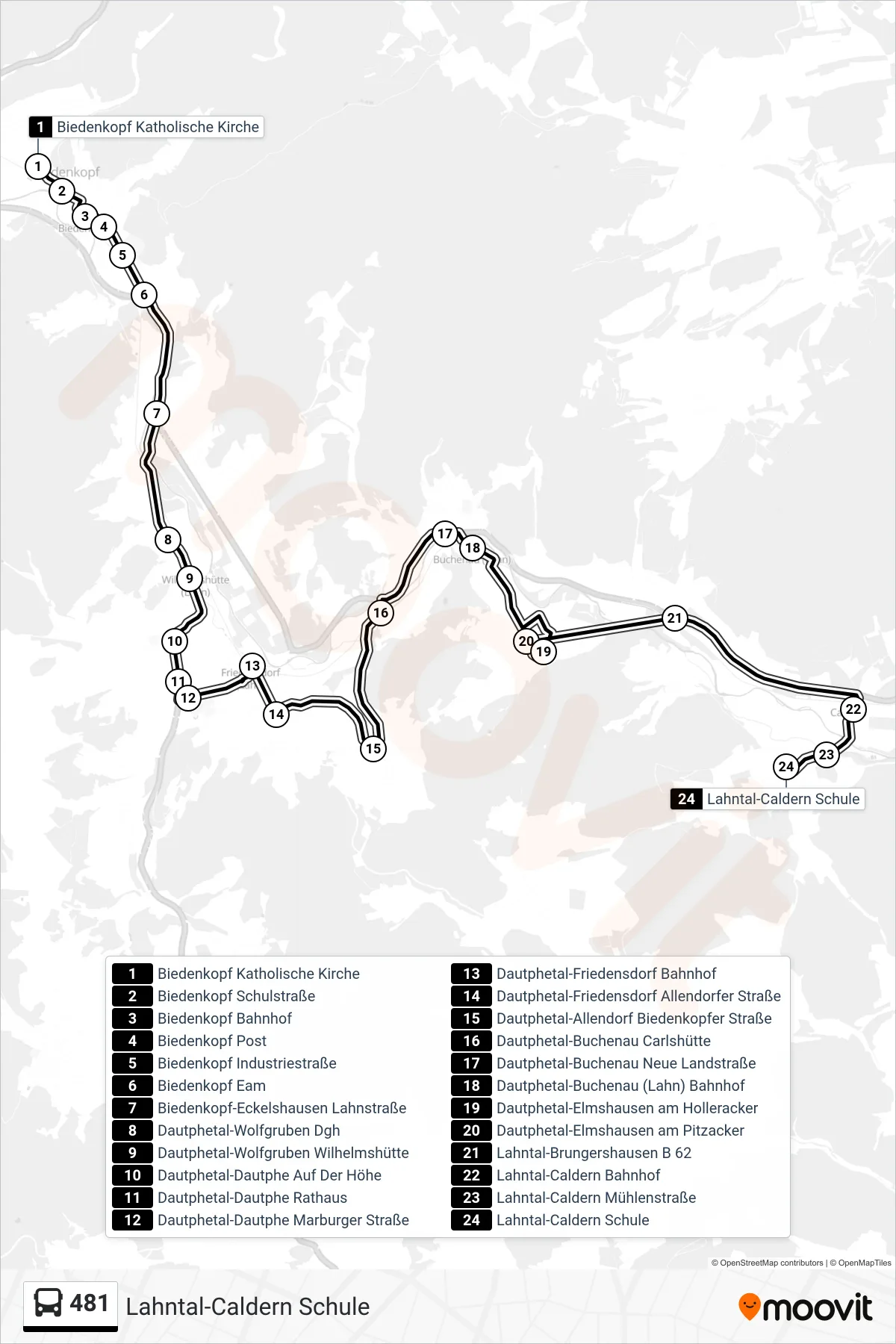 481 bus Line (Lahntal-Caldern Schule) route and stops on a map
