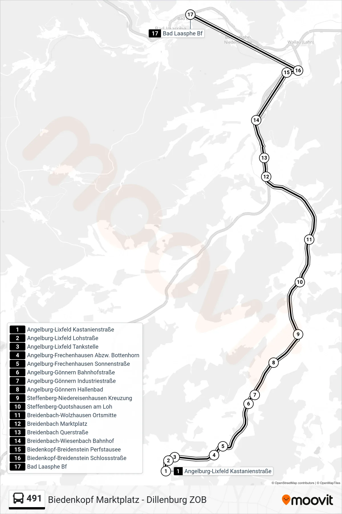 Linie 491 (Bus) Richtung Bad Laasphe Bf: Route und Haltestellen auf der Karte