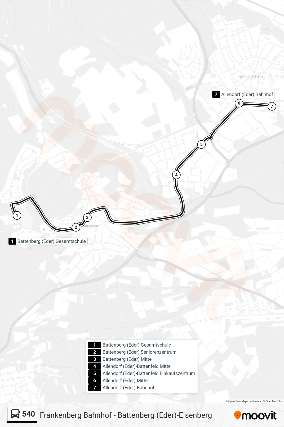 540 bus Line (Allendorf Bahnhof) route and stops on a map