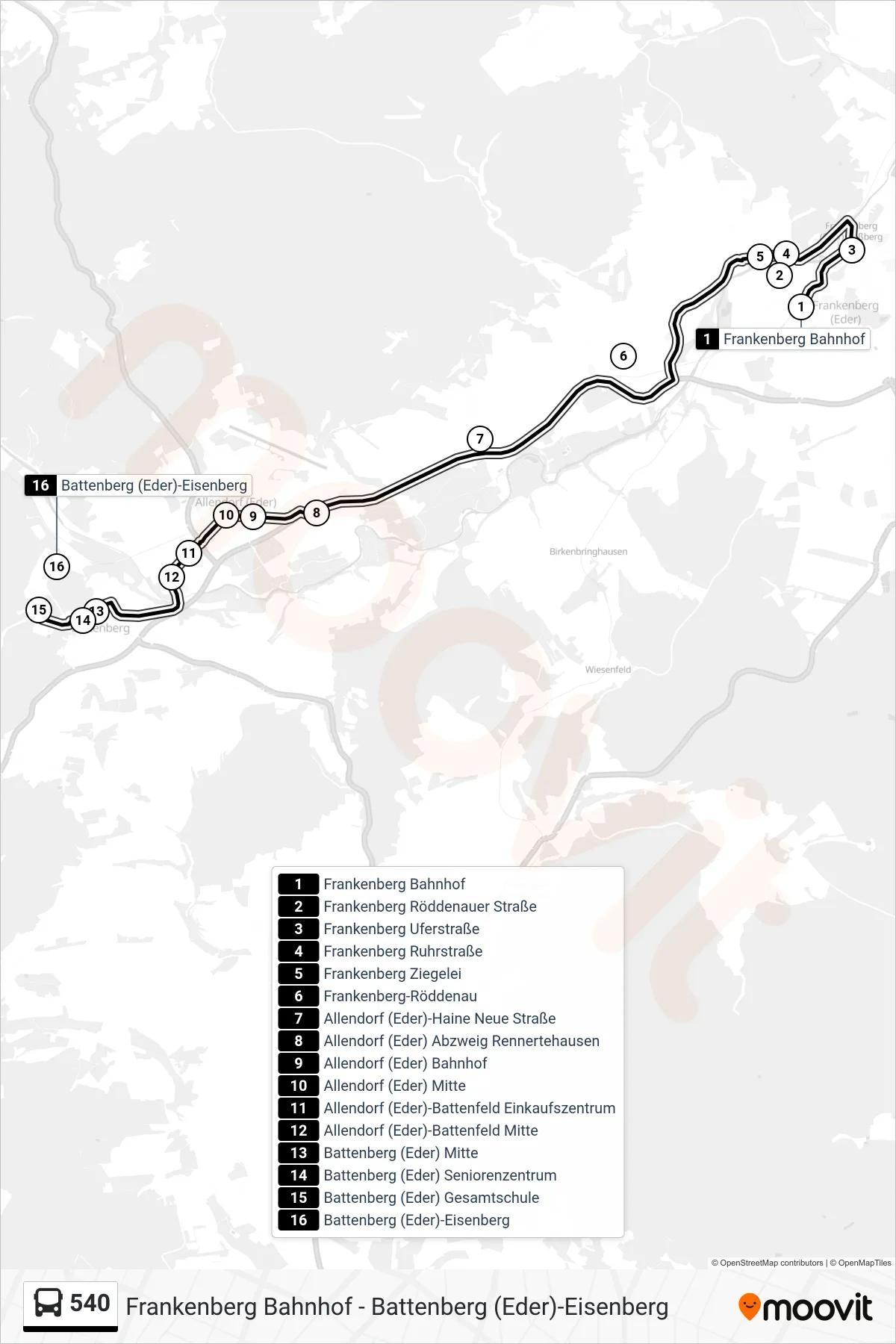 540 bus Line (Battenberg) route and stops on a map