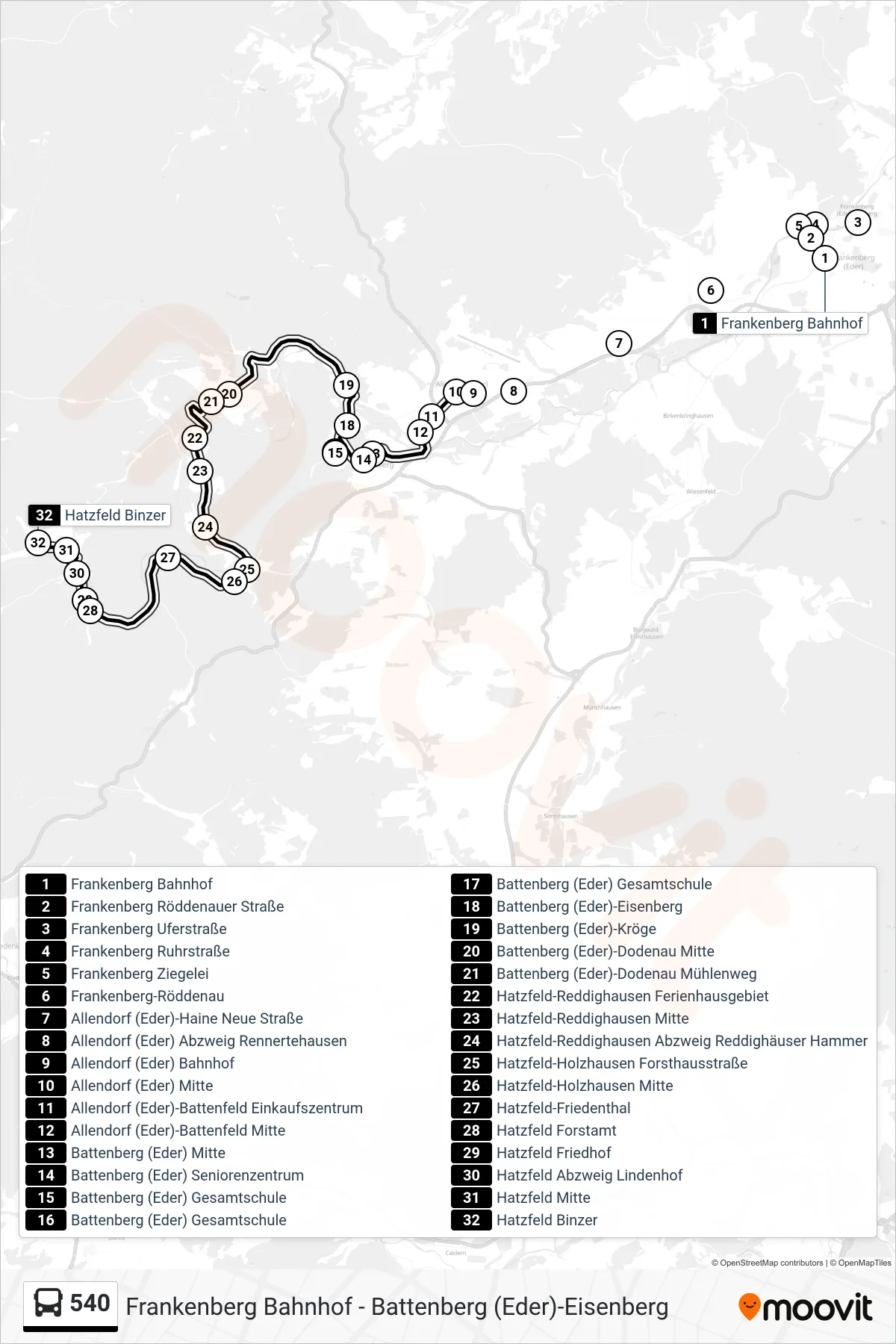 540 bus Line (Hatzfeld) route and stops on a map