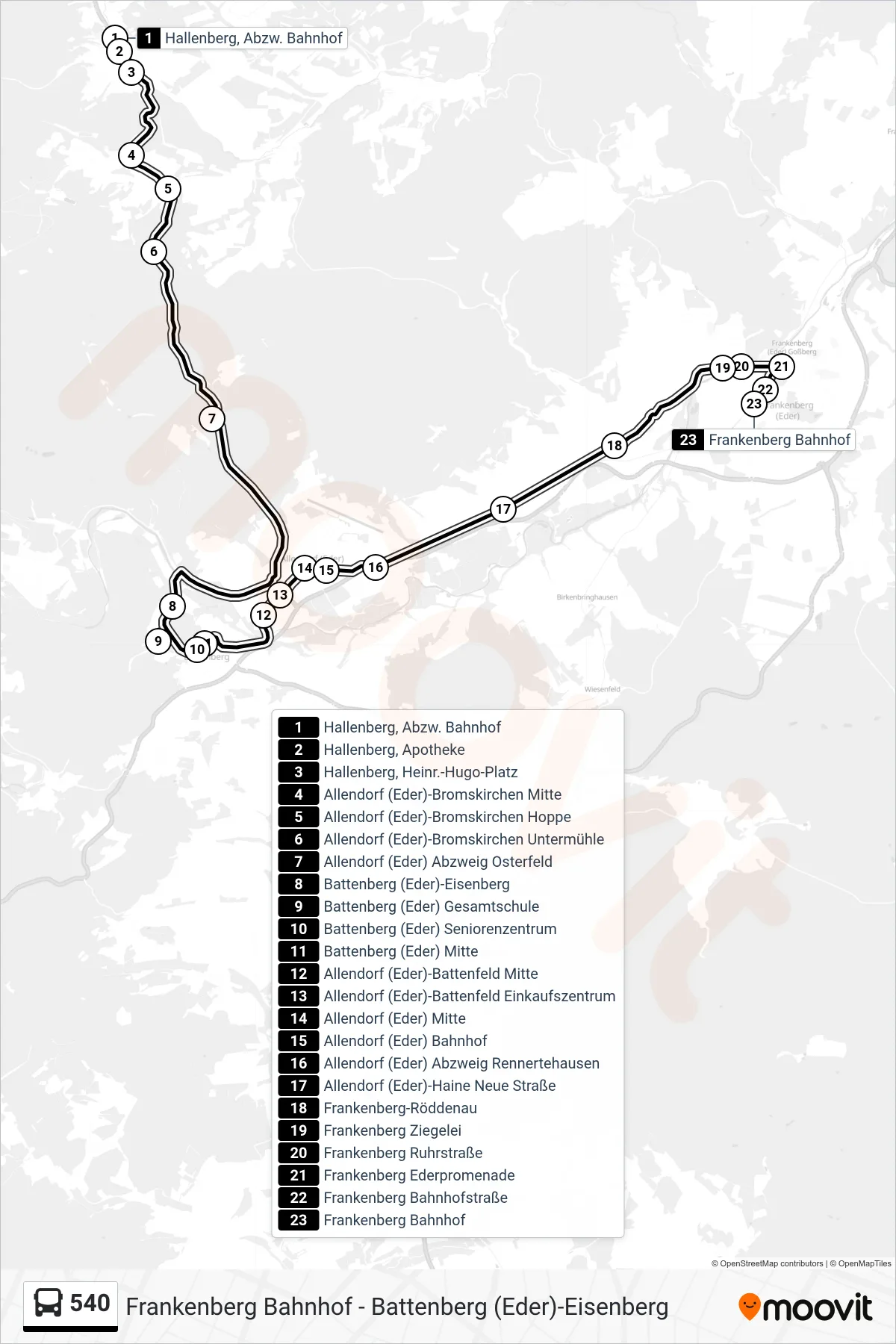 540 bus Line (Frankenberg Bahnhof) route and stops on a map