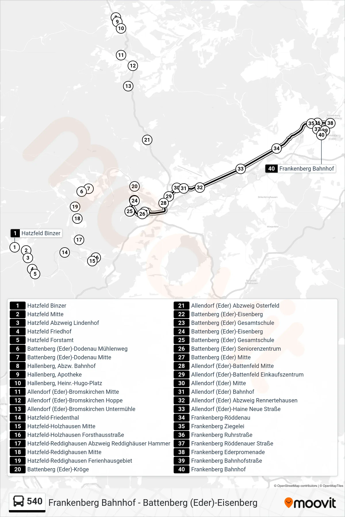 540 bus Line (Frankenberg Bhf) route and stops on a map