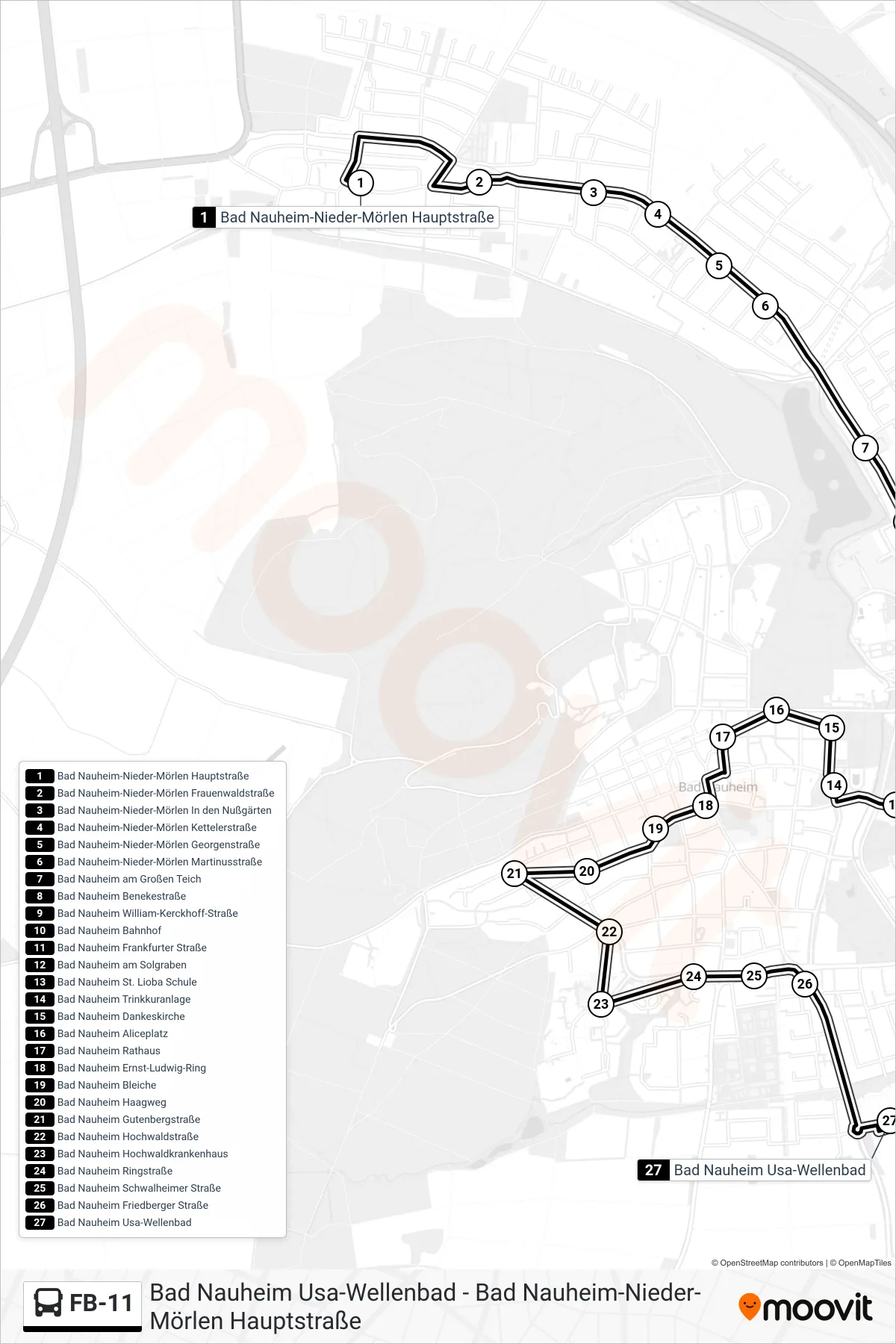 FB-11 bus Line (Bad Nauheim Usa-Wellenbad) route and stops on a map