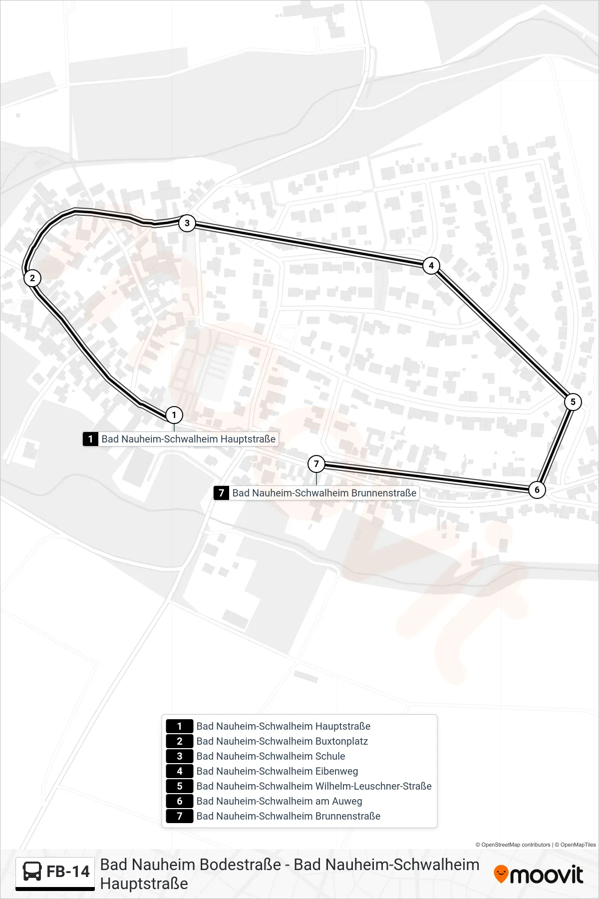 FB-14 bus Line (Bad Nauheim-Schwalheim Brunnenstraße) route and stops on a map