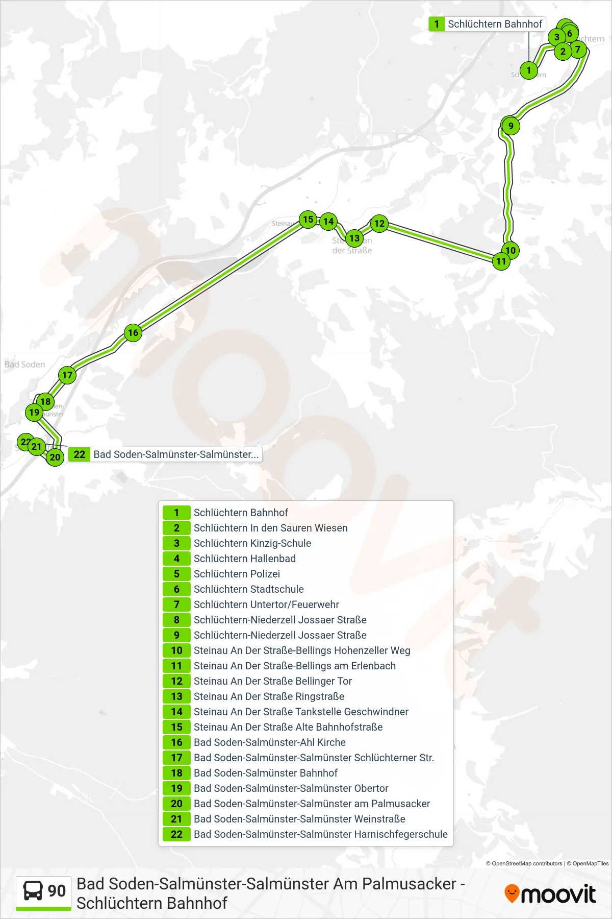 90 bus Line (Salmünster) route and stops on a map