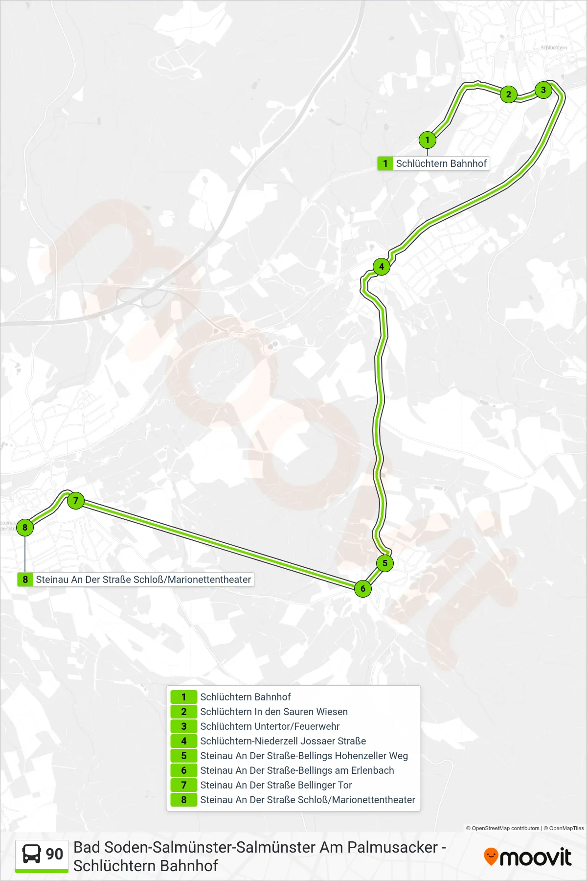 Linie 90 (Bus) Richtung Steinau: Route und Haltestellen auf der Karte
