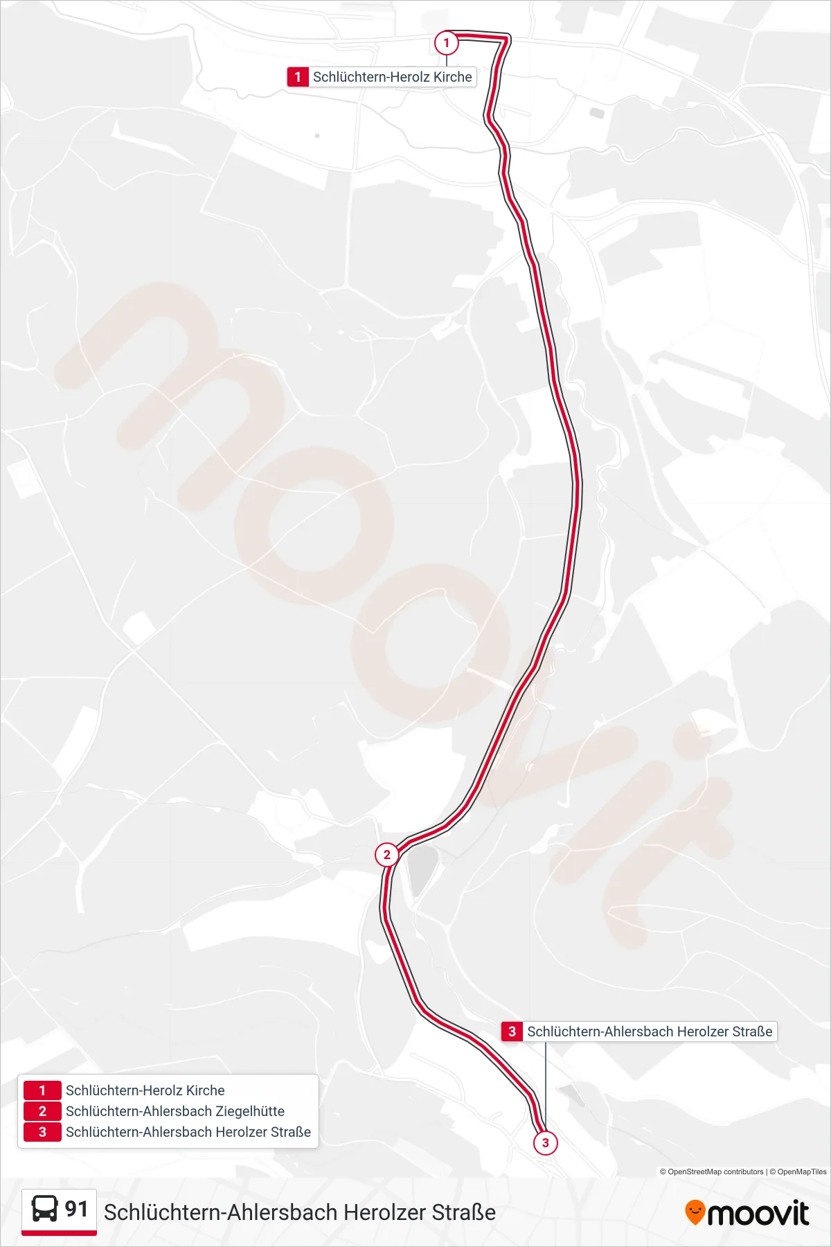 91 bus Line (Schlüchtern-Ahlersbach Herolzer Straße) route and stops on a map