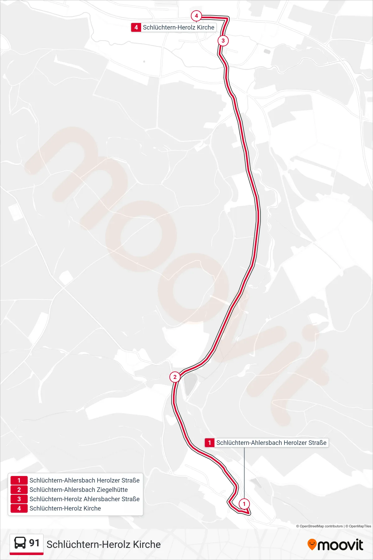 91 bus Line (Schlüchtern-Herolz Kirche) route and stops on a map