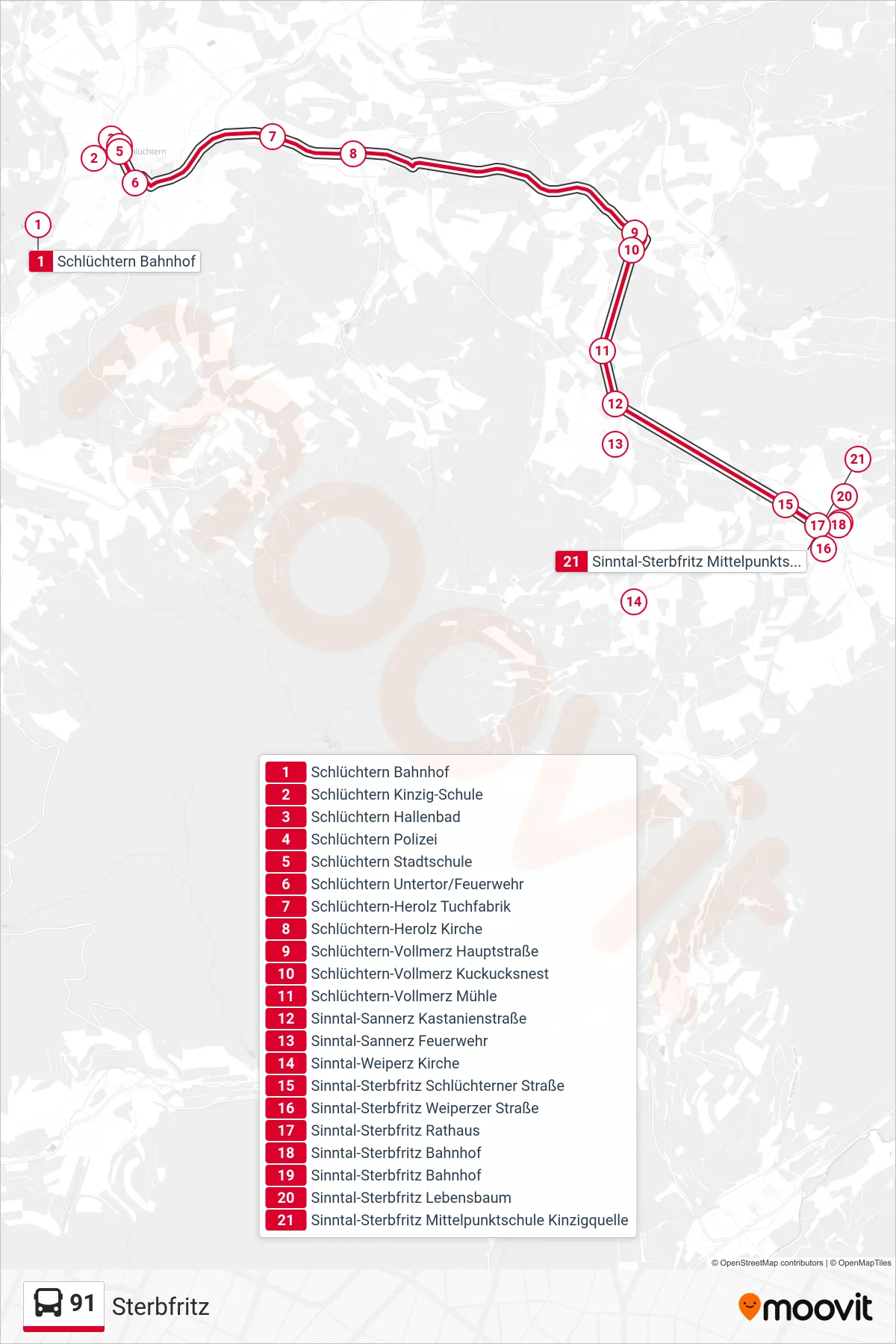 91 bus Line (Sterbfritz) route and stops on a map