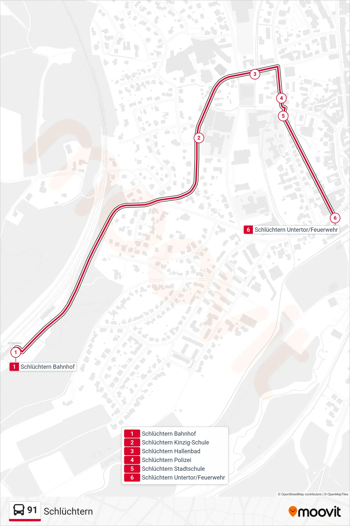 91 bus Line (Schlüchtern) route and stops on a map