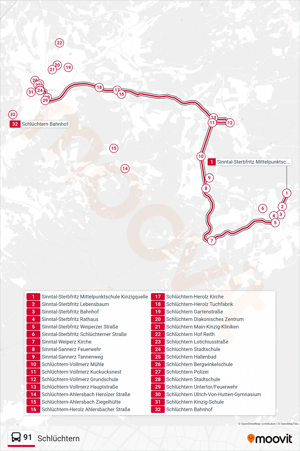 Linie 91 (Bus) Richtung Schlüchtern: Route und Haltestellen auf der Karte