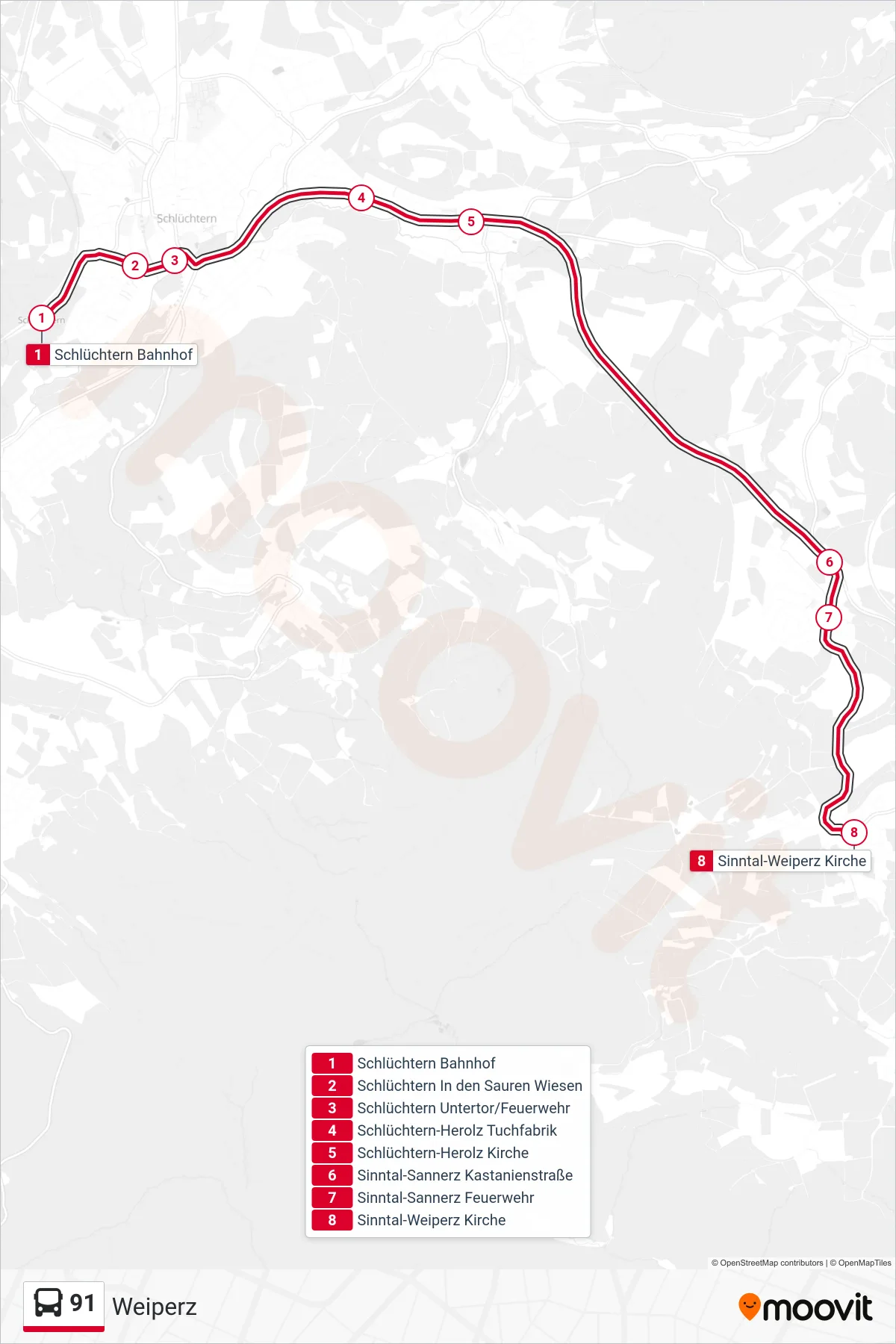 91 bus Line (Weiperz) route and stops on a map