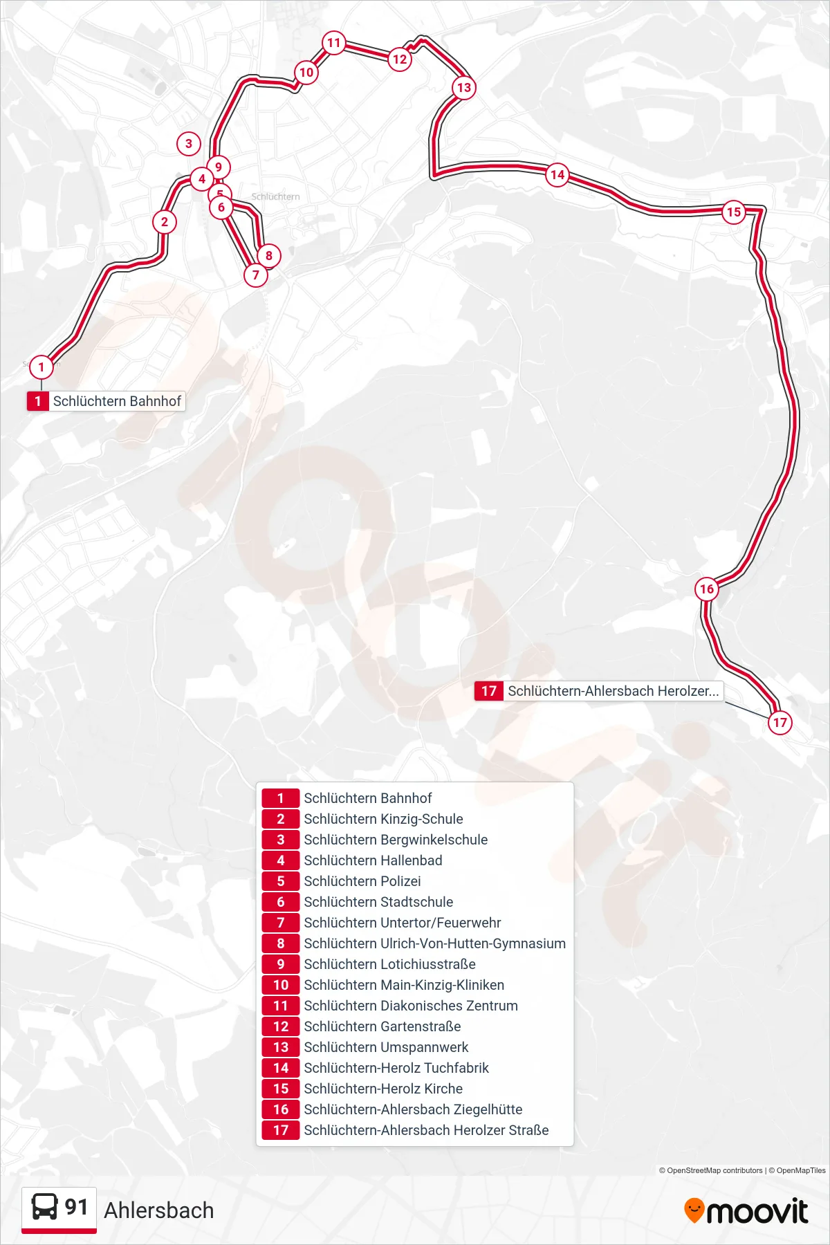 91 bus Line (Ahlersbach) route and stops on a map