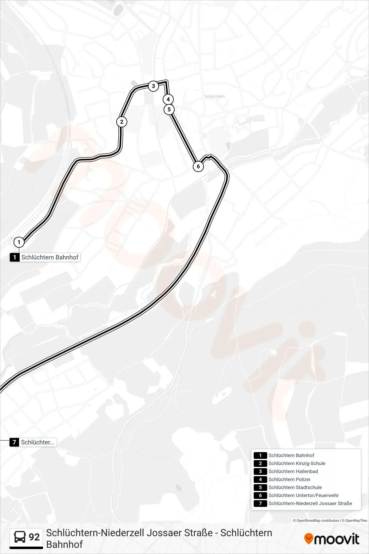 92 bus Line (Hohenzell) route and stops on a map